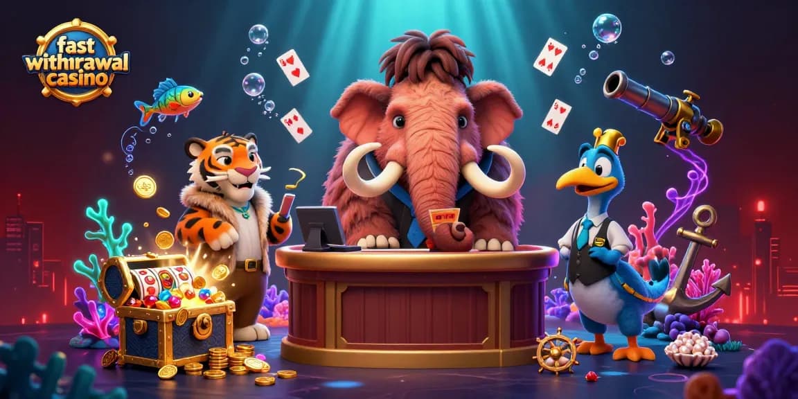 Experience fast withdrawal casino gaming with colorful gems, slot reels, and vibrant characters in a dynamic underwater scene.