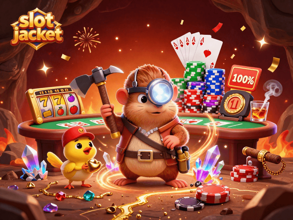 Experience the thrill of a slot jackpot with a treasure hunter mole amidst vibrant gaming elements.