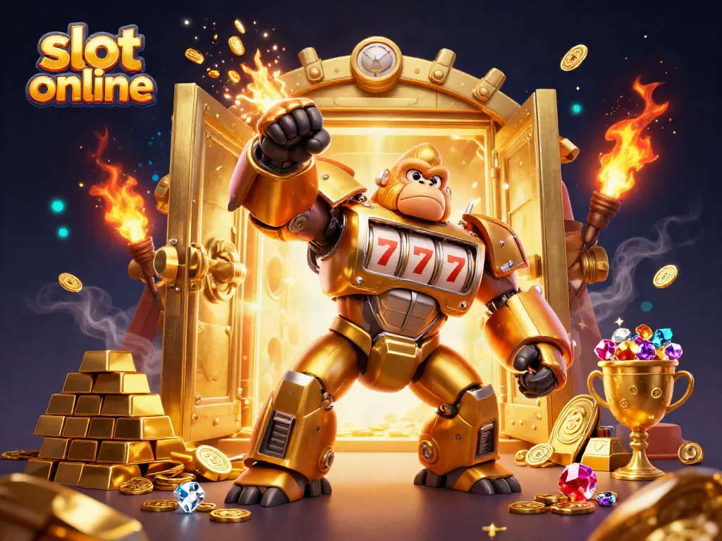 Spin the reels in style with this stunning slot online scene featuring a golden gorilla mech.