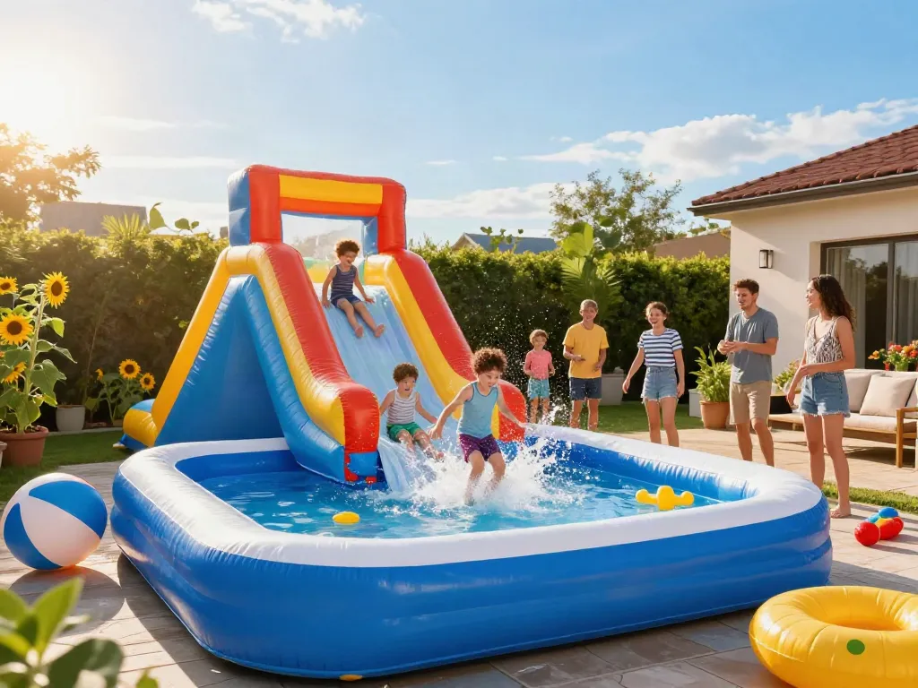 Children enjoying a water slide inflatable, splashing into a pool in a colorful backyard scene.