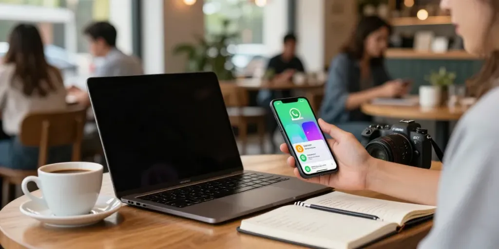 Engaging with GBWhatsApp's innovative features in a cozy café setting.