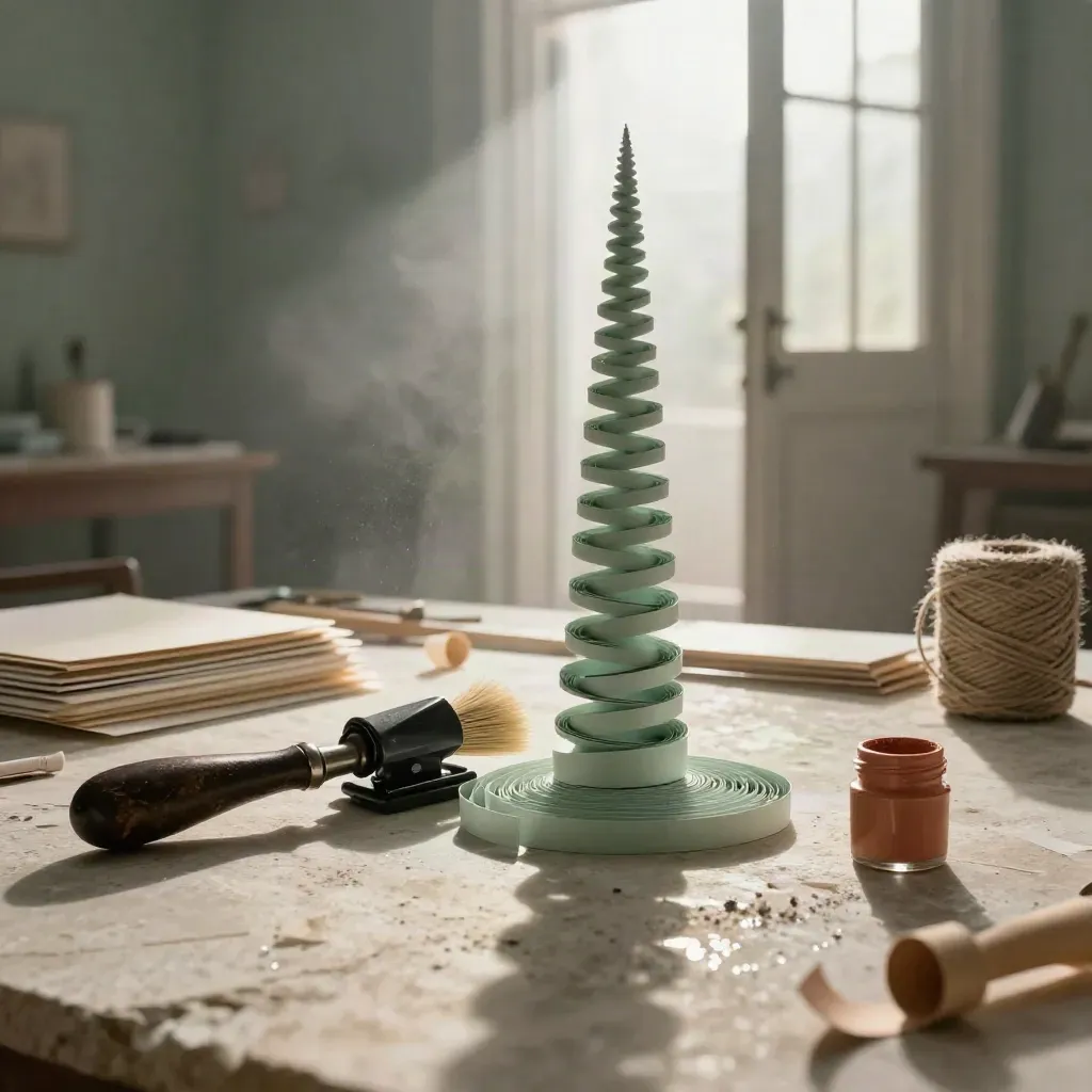 Craft tools and paper coils arranged on a stone slab in dramatic morning light.
