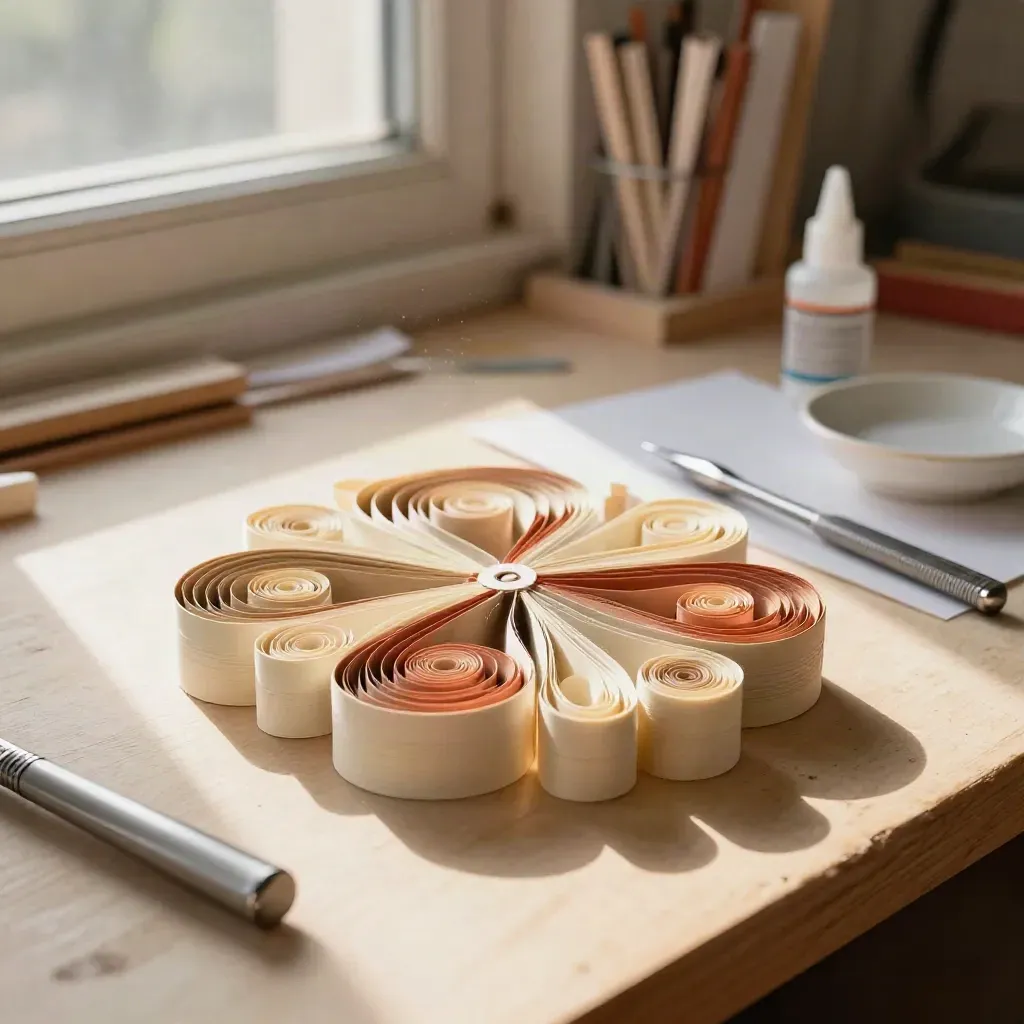 Paper quilling coils drying beside a slotted tool, glue bottle, and card base on a warm craft bench.