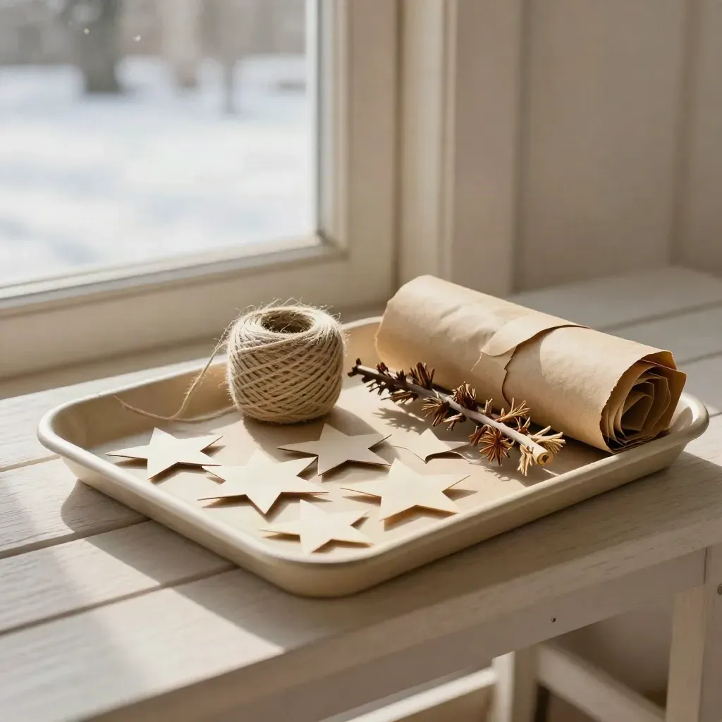 Paper stars, twine, dried sprigs and kraft wrap on a tray by a snowy porch doorway.