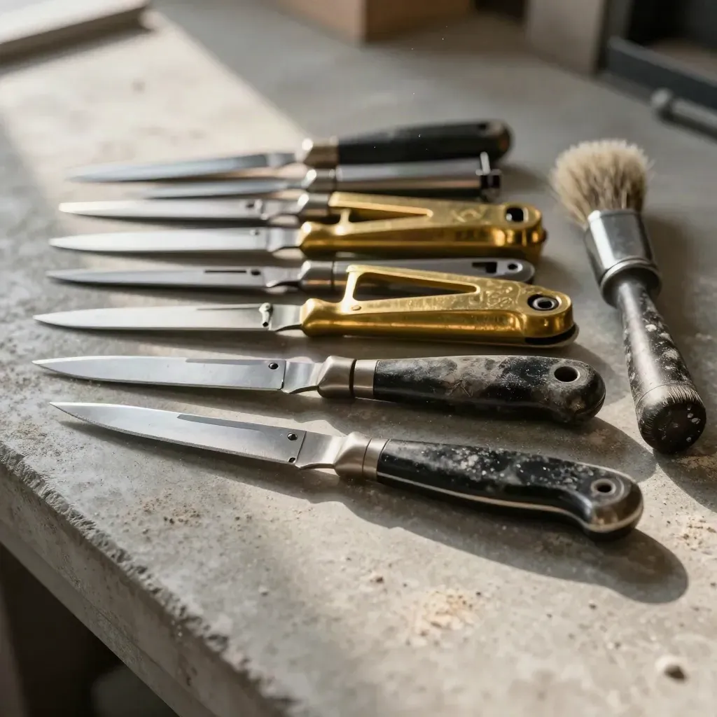 Craft knives, brass punch, clamp and worn brush handles lined up on a concrete bench under cool light.
