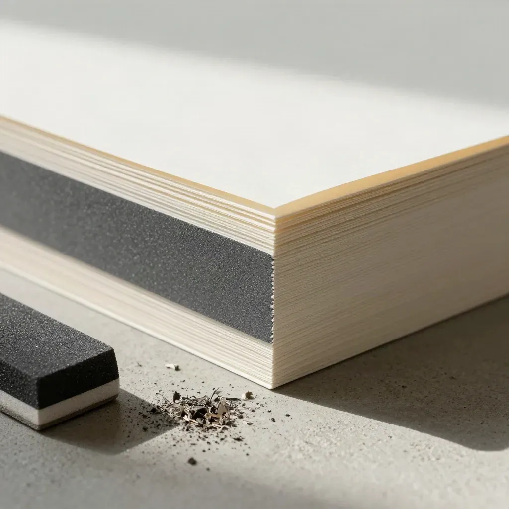 Trimmed cardstock corners with paper shavings and a sanding block on pale concrete.