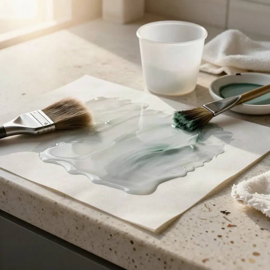 Acrylic wash swatches bleed across paper beside brush, water cup, rag, and green test stroke.