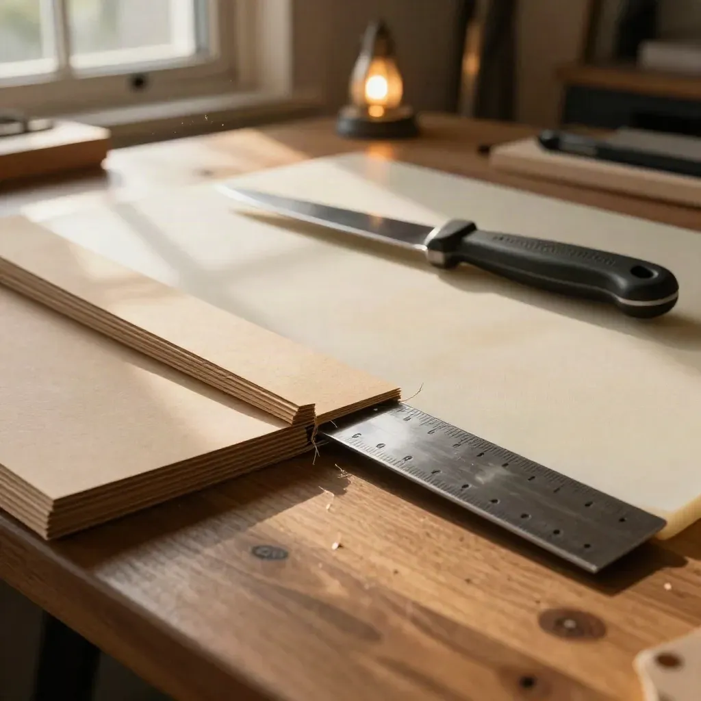 Craft knife and straightedge cutting cardstock on a board, with crisp strips and paper fibers.