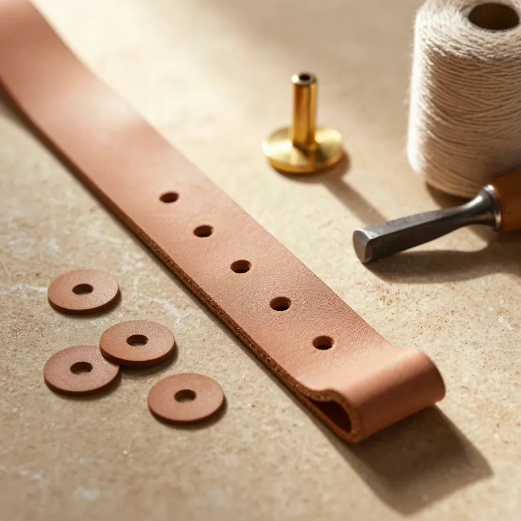 Leather strip with fresh punched holes, brass punch, awl, thread, and leather crumbs on stone.
