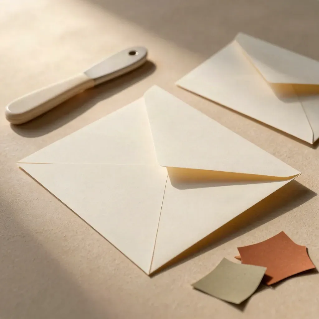 Scored card square with bone folder and folded envelope mockup on warm plaster.