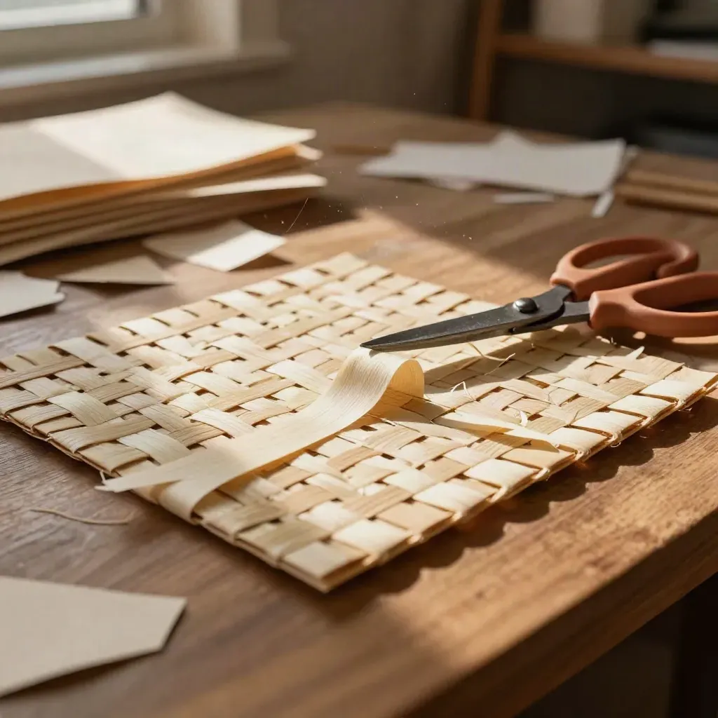 Woven paper strips mid-craft with scissors beside a small mat in warm workshop light.