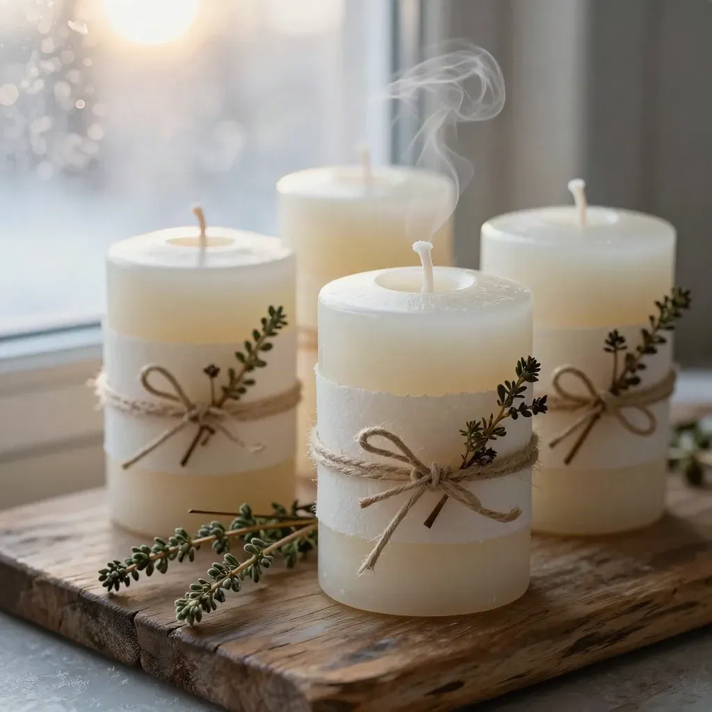 Macro of herb-tied pillar candles on a weathered wood board by a frosty window.