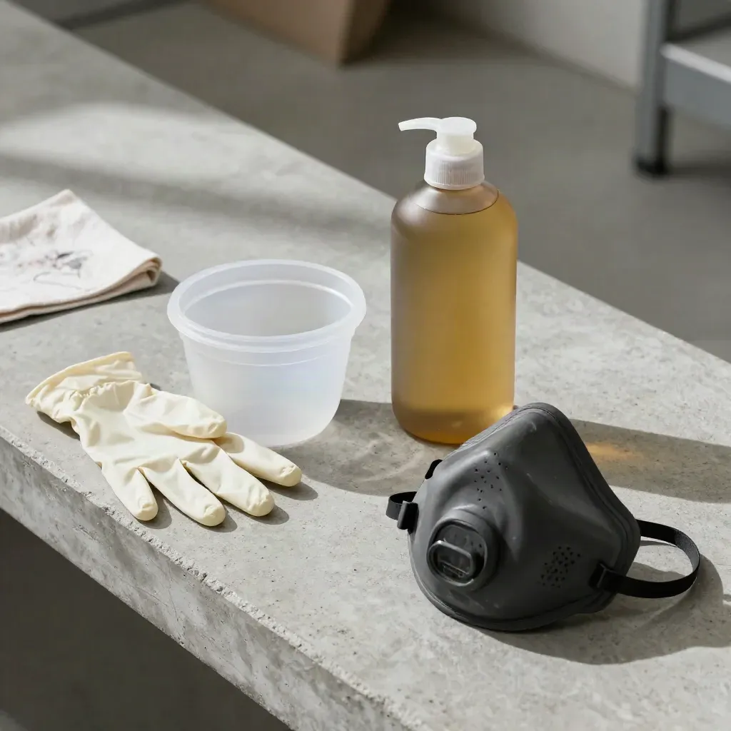 Resin safety kit on a concrete bench with bottle, mixing cup, respirator, gloves, and cloth.