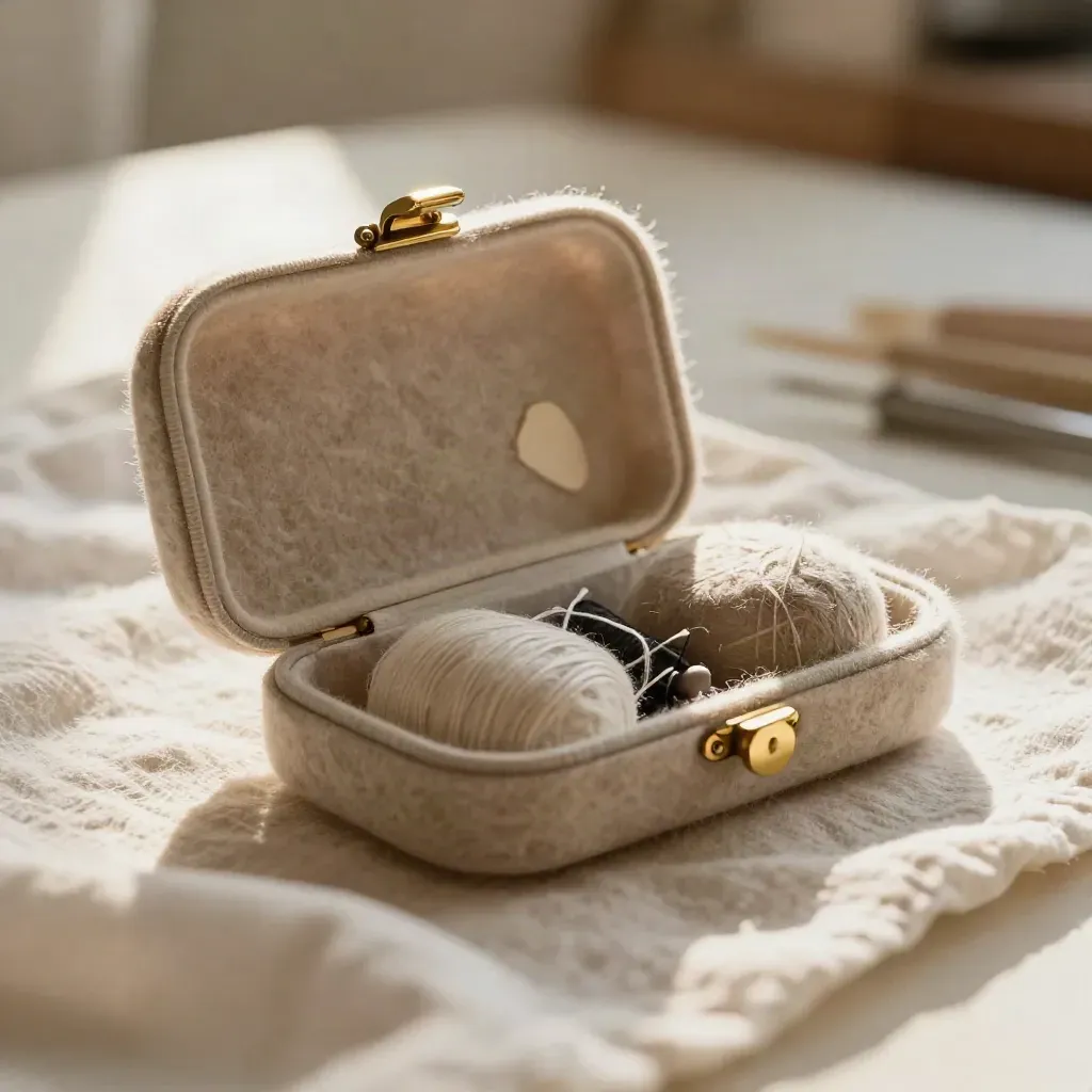 Open felt needle case with clasp repair, thread, patch and pin cushion on pale cloth.