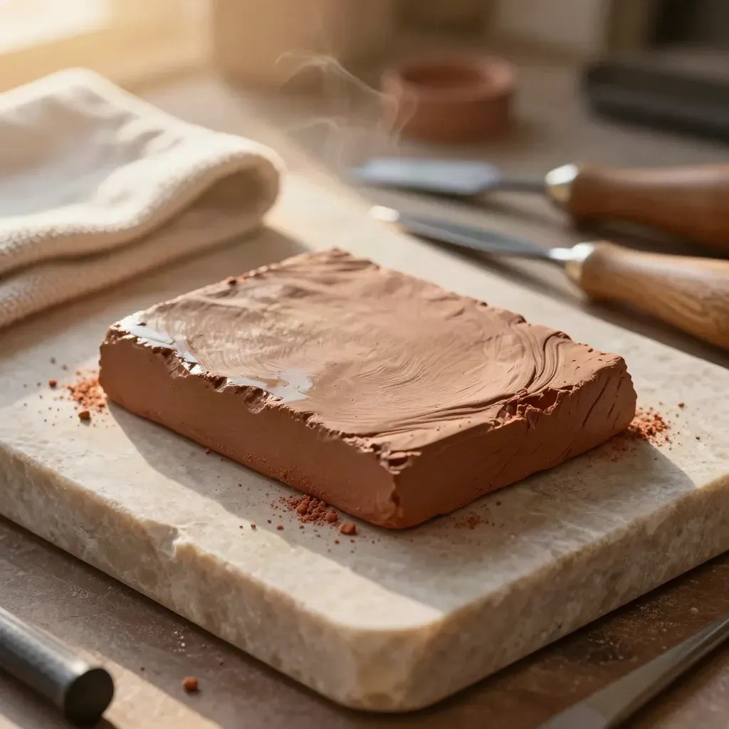 Clay stamp carving tools beside a freshly cut stamp blank on stone