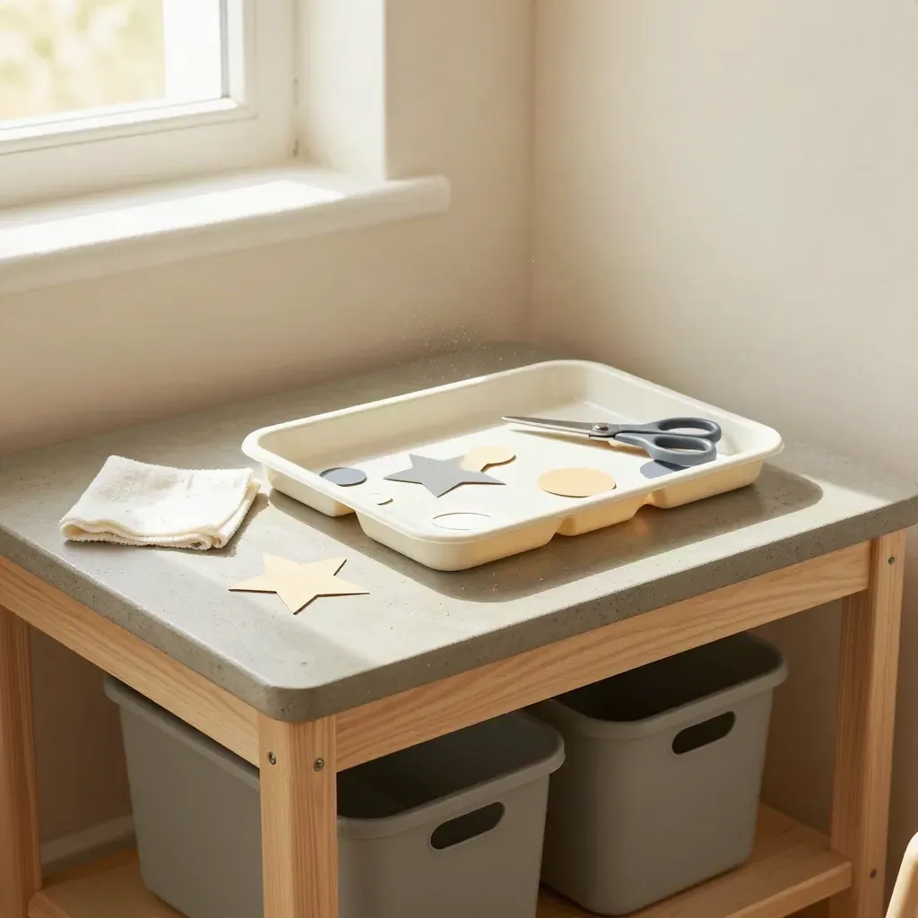 Low child-height view of a reset kids craft station with paint trays, scissors, paper shapes and bins