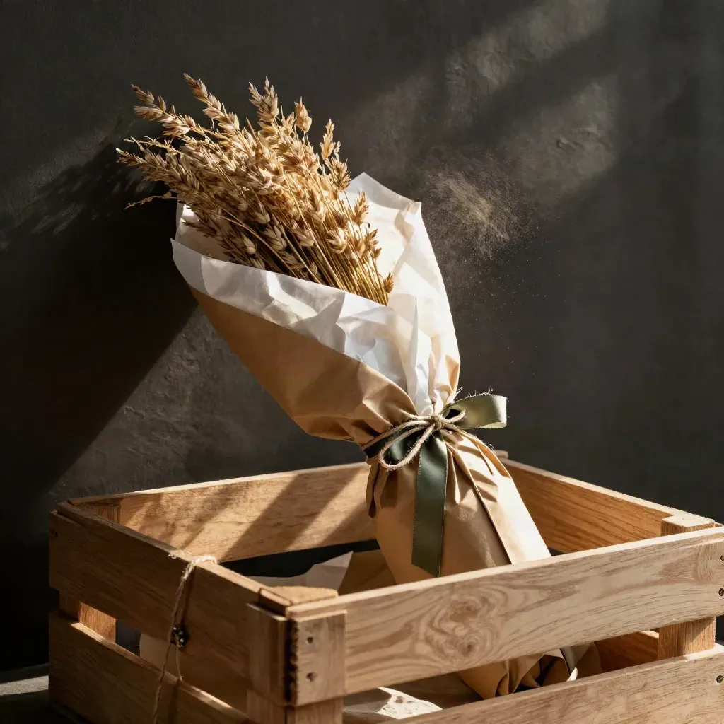 Prairie market gift wrap bundle on a pale wood crate with twine, dried grasses and warm paper