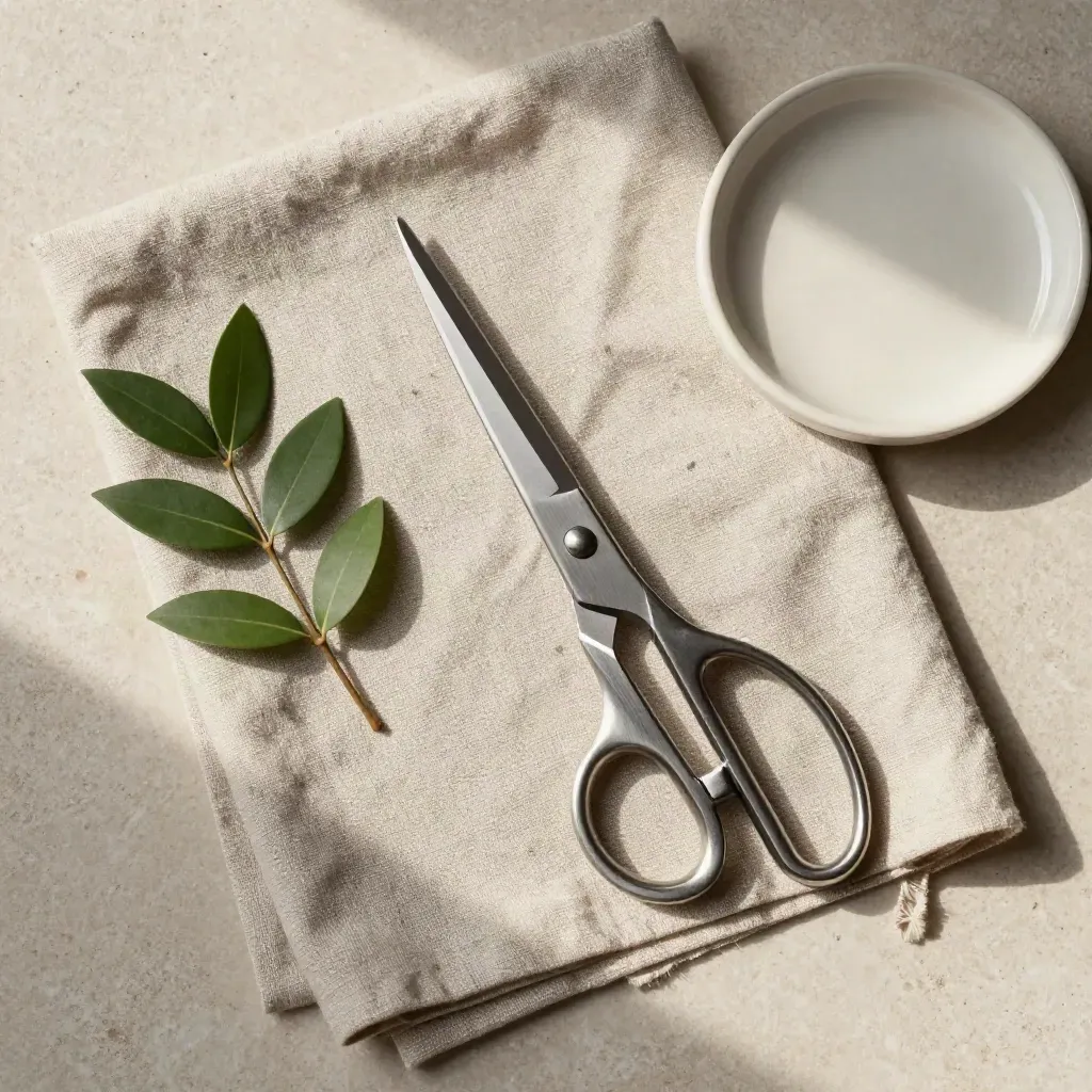 Overhead flatlay of steel dressmaker’s shears on oatmeal linen with dish and green stem