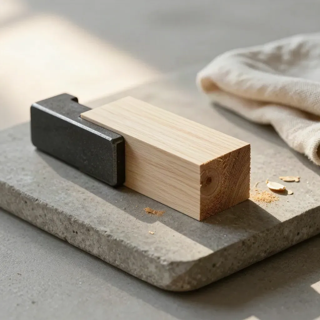Dovetail joint sample block with clamp, wood chips and cloth on a stone tray.