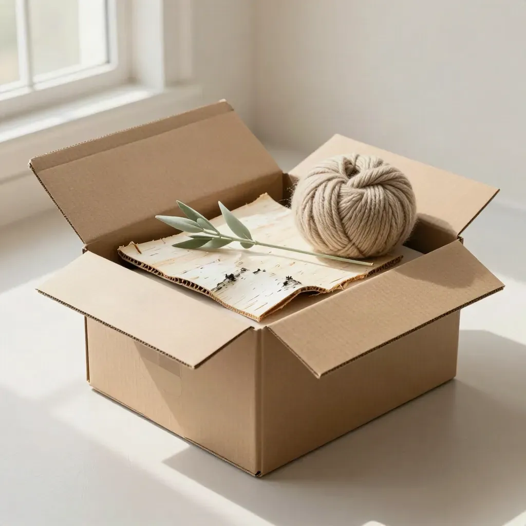Opened kraft parcel with birch bark, wool skein, and plant stem on pale plaster