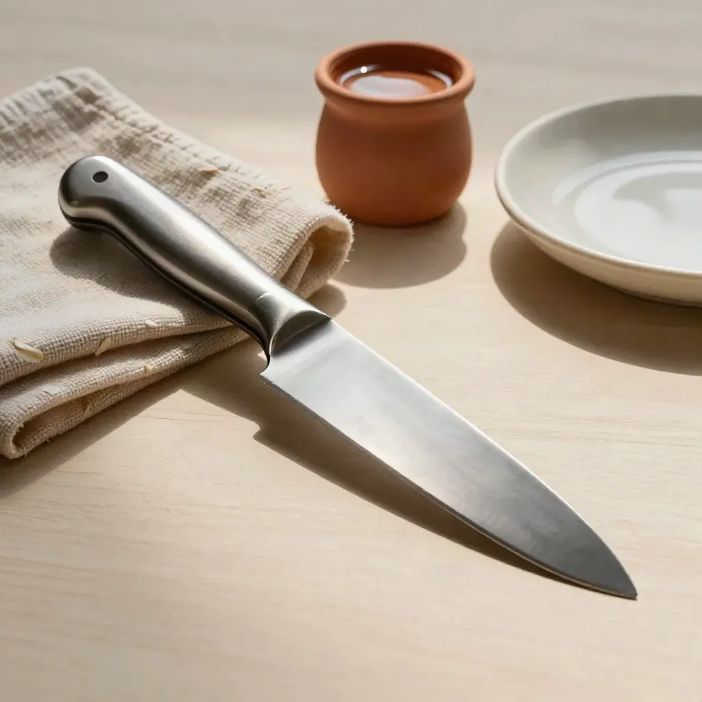 Craft knife blade with cloth, oil tin and ceramic dish on pale wood, lit softly for tool care.