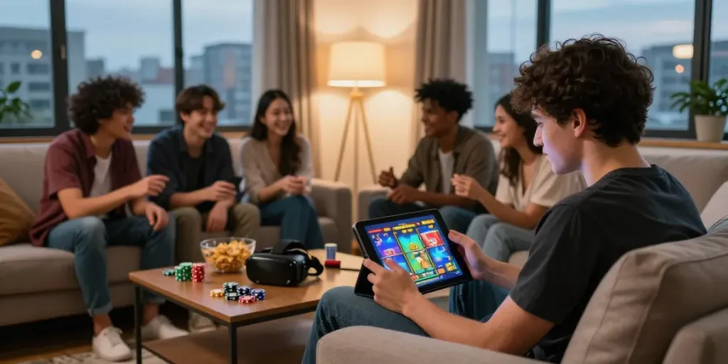 Permainan apk slot di ruang tamu yang nyaman, dengan teman-teman mendiskusikan strategi dan menikmati cemilan.