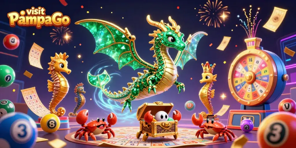Engage in thrilling gameplay as you visit PampaGo, where a vibrant dragon and seahorse guard showcase casino excitement.