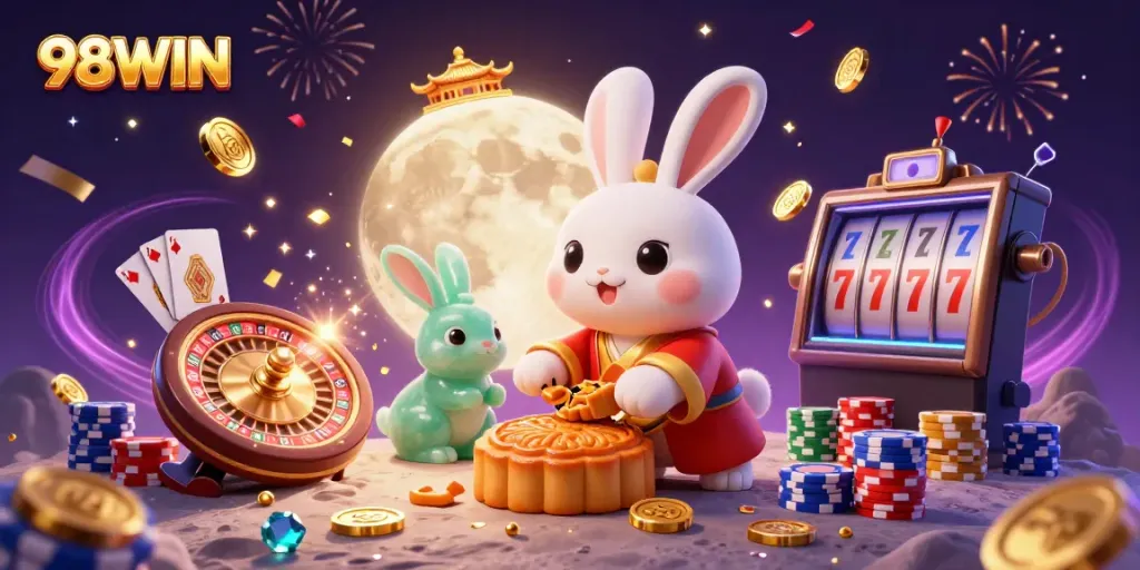 Experience the excitement of 98WIN with vibrant 3D illustrations showcasing luck and fortune.