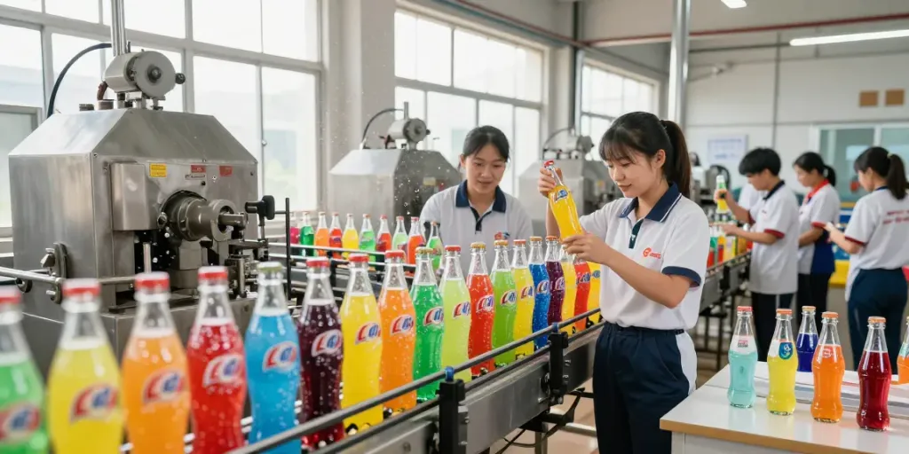 Workers inspecting vibrant soda pop bottles in a lively factory setting.